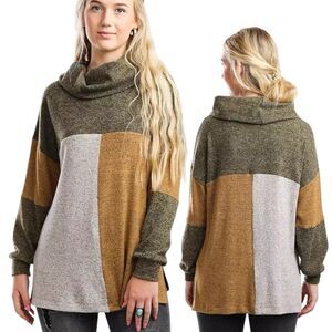 BKE cowl neck pullover olive mustard tan colorblock knit sweater size medium